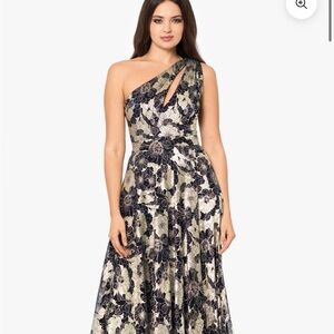 One shoulder wrap flower floor length dress - size 0/2 - Betsy & Adam black tie